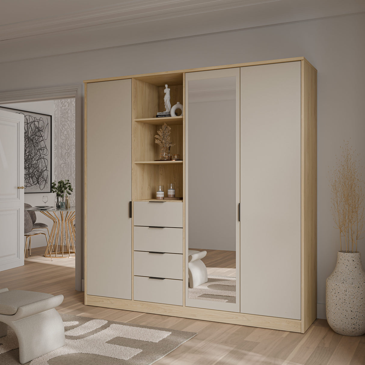 Sandora Kleiderschrank Beige 3-Tür mit Schubladen &Spiegel,207×213 cm