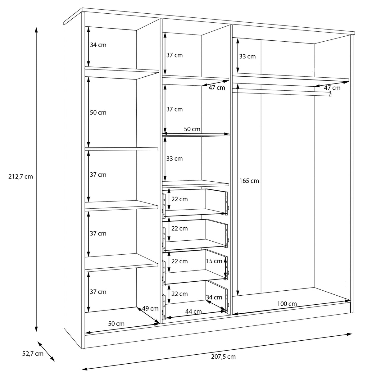 Sandora Kleiderschrank Beige 3-Tür mit Schubladen &Spiegel,207×213 cm