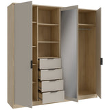 Sandora Kleiderschrank Beige 3-Tür mit Schubladen &Spiegel,207×213 cm