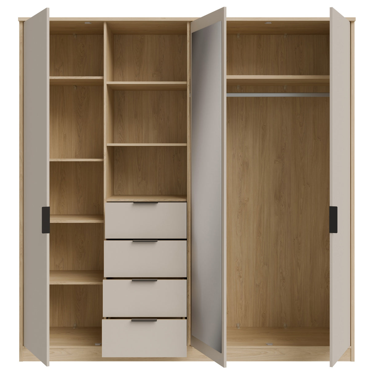 Sandora Kleiderschrank Beige 3-Tür mit Schubladen &Spiegel,207×213 cm