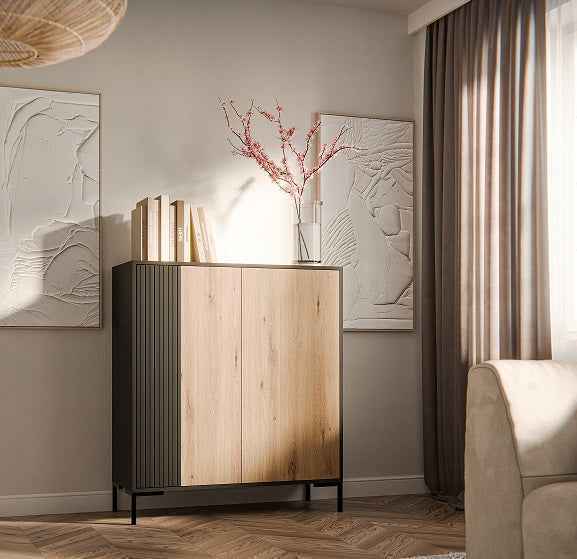 Schrank ROVERE 90×184×55cm – Schwarz matt & Eiche Artisan