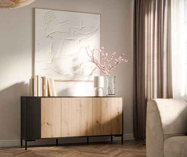 Couchtisch ROVERE 100×49×55cm – Schwarz matt & Eiche Artisan