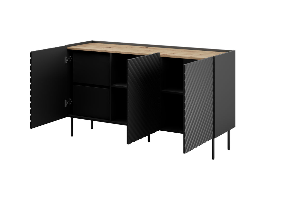 Kommode VANTARA 150×85×45cm – Schwarz matt / Eiche Artisan