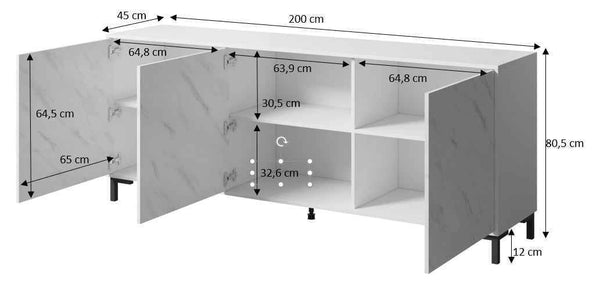 Carrara Sideboard, Marmor Design 200x80cm, schwarz matt