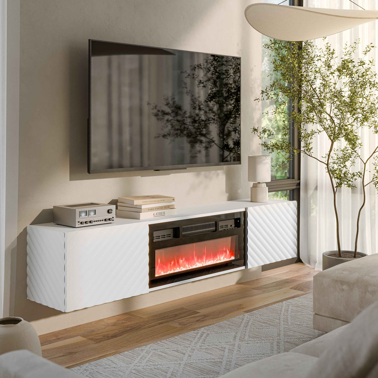 Lario TV-Möbel schwarz + elektrischer Kamin schwarz 185x40 cm