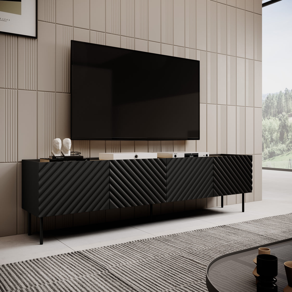 TV-Möbel+ Kamin VANTARA 180×40×40cm – Schwarz matt / Eiche