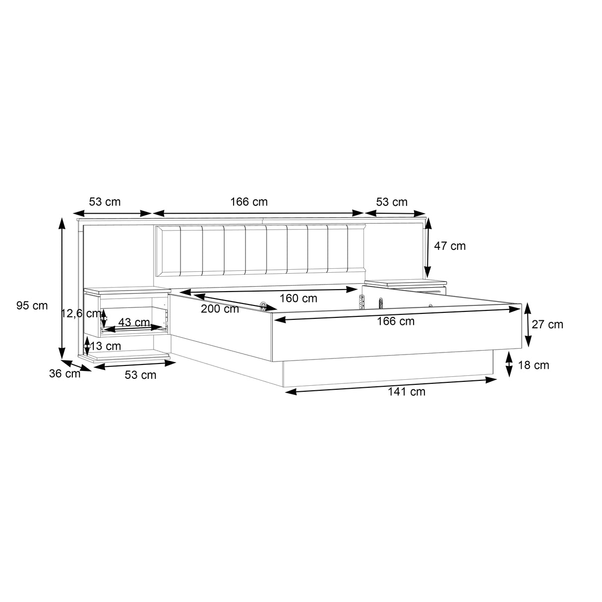 MAXIM Komplett Bett + 2 Nachttische, Eiche Holz/ Grau 273x210x95