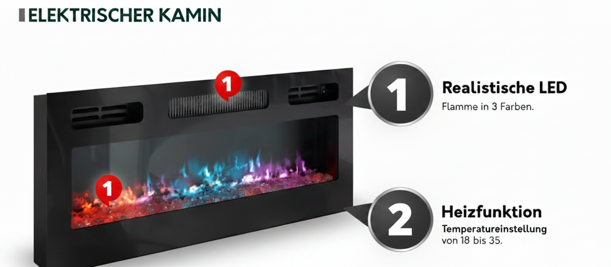 TV- Möbel & Kamin ROVERE 180×53.5×40cm – Schwarz matt & Eiche