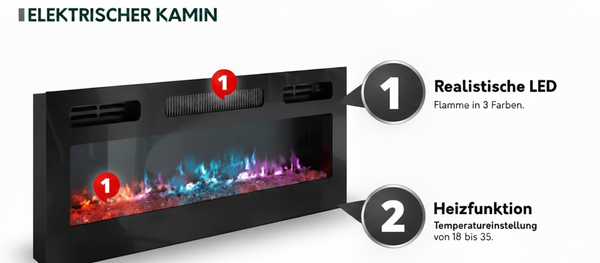 TV- Möbel & Kamin ROVERE 180×53.5×40cm – Schwarz matt & Eiche