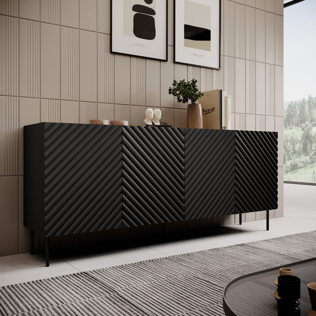 Sideboard VANTARA 200×85×45cm – Schwarz matt / Eiche Artisan