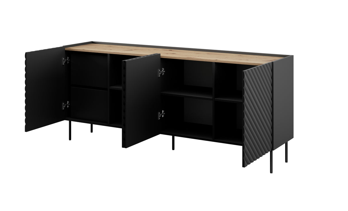 Sideboard VANTARA 200×85×45cm – Schwarz matt / Eiche Artisan
