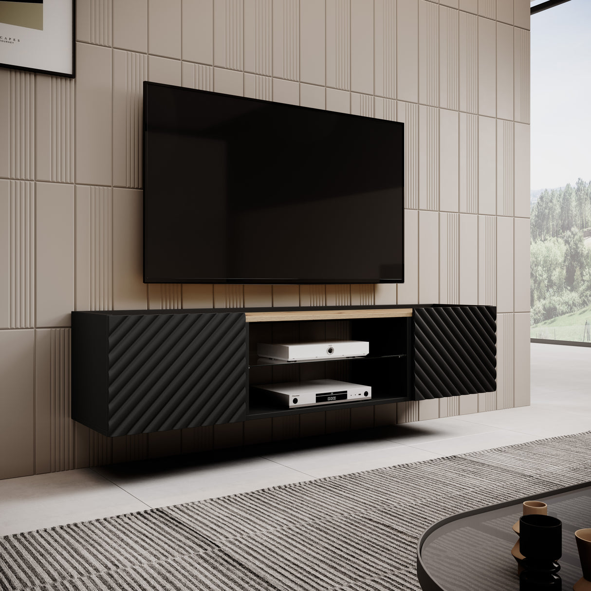 TV-Möbel+ Kamin VANTARA 180×40×40cm – Schwarz matt / Eiche
