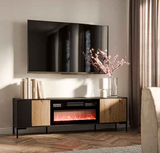 TV- Möbel & Kamin ROVERE 180×53.5×40cm – Schwarz matt & Eiche