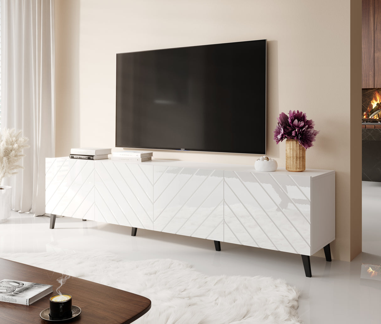 TV Möbel MONTARO 200×52×42 cm – Weiss Hochglanz/ Abstrakt
