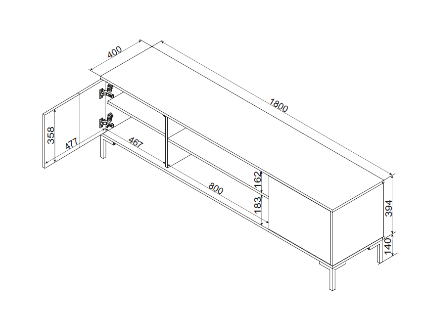 TV- Möbel ROVERE 180×53.5×40cm – Schwarz matt & Eiche Artisan