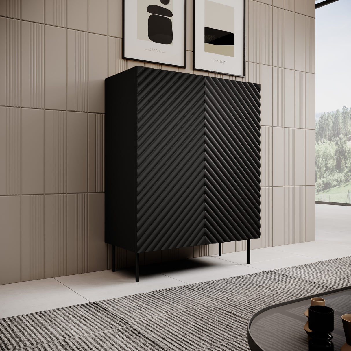 TV-Möbel+ Kamin VANTARA 180×40×40cm – Schwarz matt / Eiche