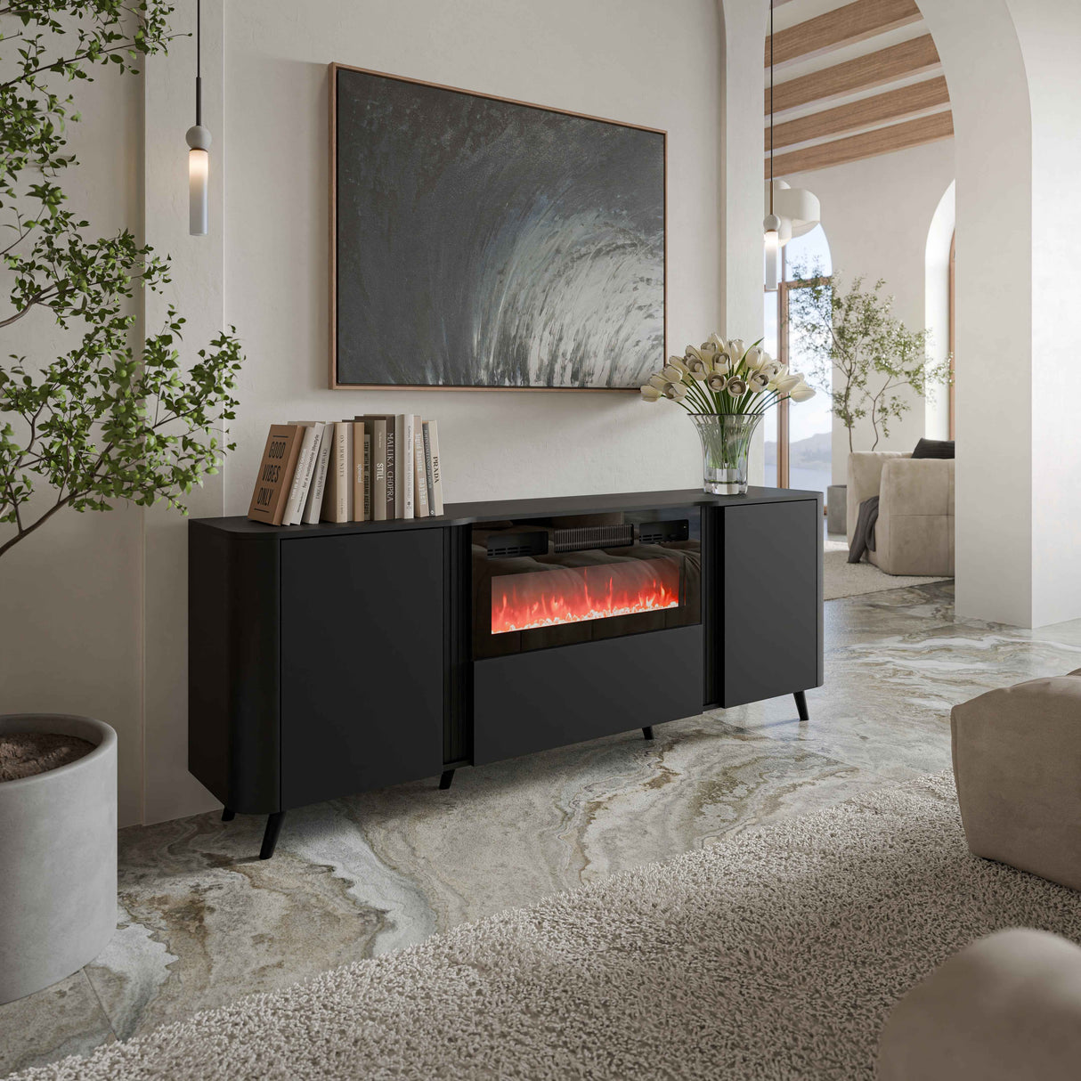 Vektor Sideboard 200cm+ Kamin, Schwarz Struktur