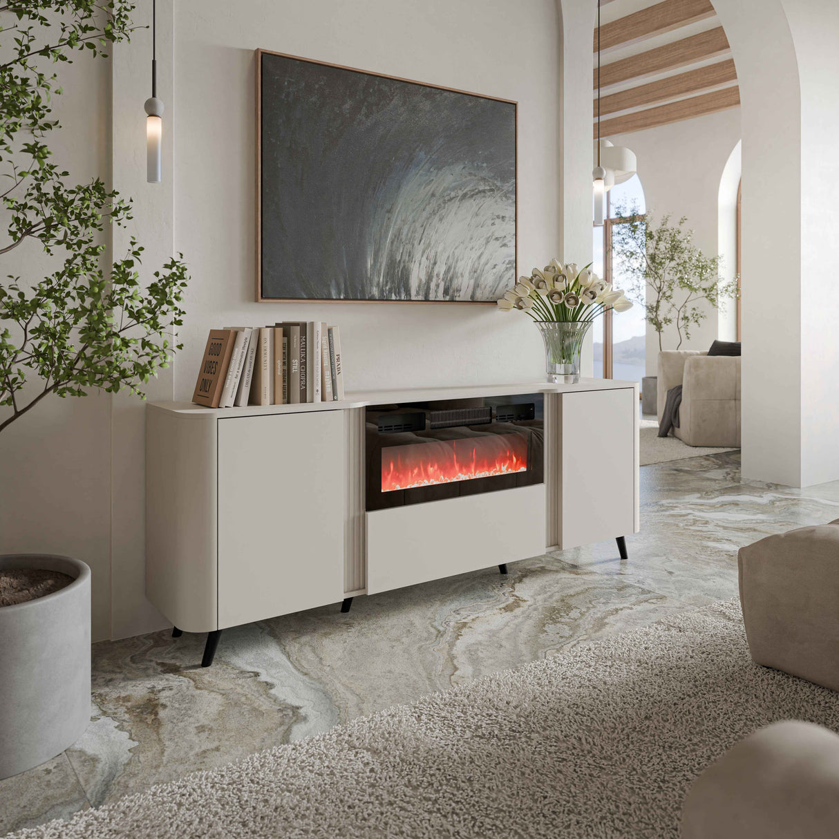 Vektor Sideboard 200cm+ Kamin, Schwarz