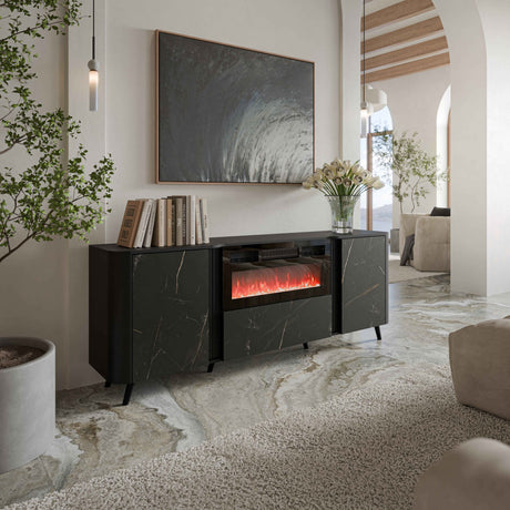 Vektor Sideboard 200cm+ Kamin, Schwarz Struktur