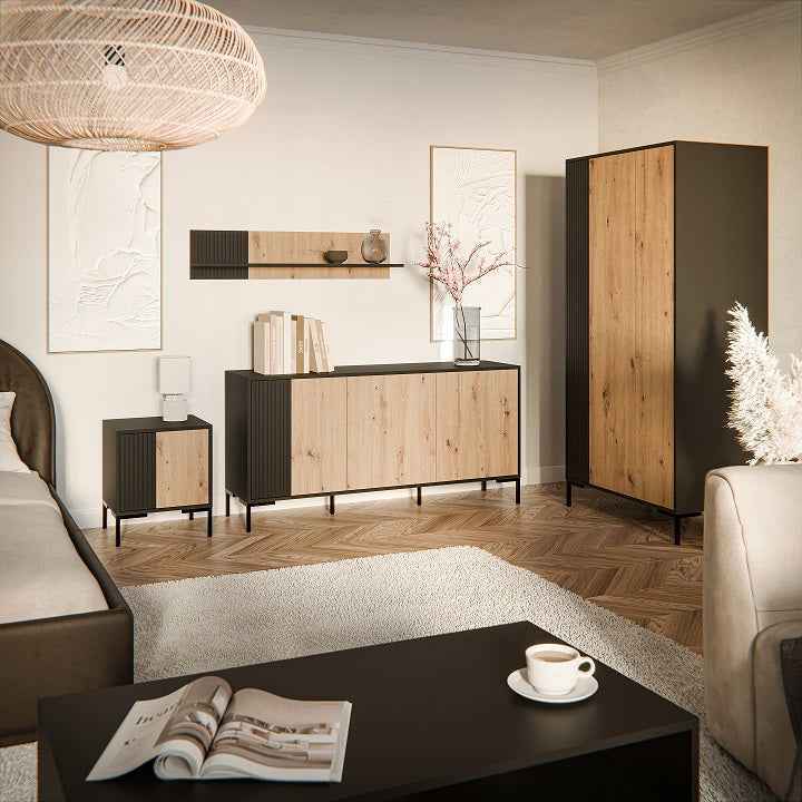 Lowboard TV ROVERE 200×74×40cm – Schwarz matt & Eiche Artisan