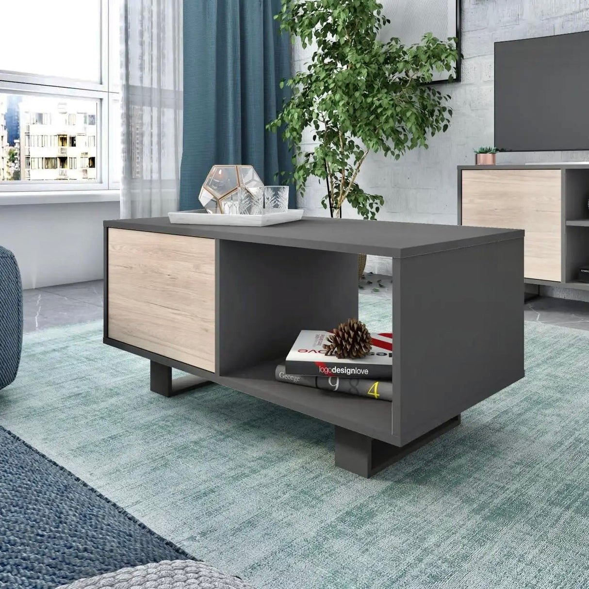 Couchtisch WIND, Strukturfarbe Anthrazit, Eiche,92x50x45cm - Prime Möbel