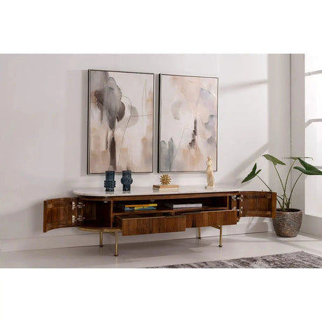 TV-Möbel SAINT aus Naturholz und weiße Marmorplatte 160X50X54 - Prime Möbel
