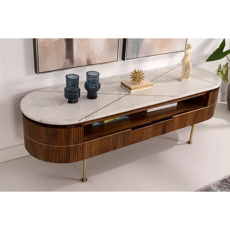 TV-Möbel SAINT aus Naturholz und weiße Marmorplatte 160X50X54 - Prime Möbel