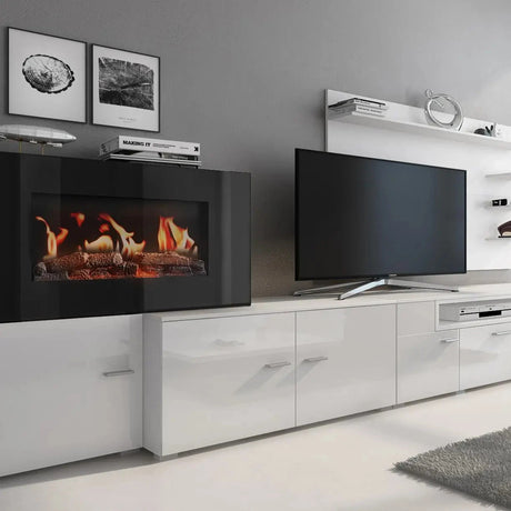 Wohnzimmermöbel mit elktr.Kamin mattweiß und glänzend weiß lack - Prime Möbel