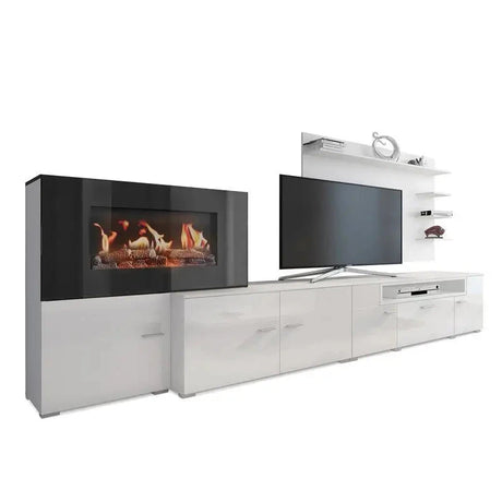 Wohnzimmermöbel mit elktr.Kamin mattweiß und glänzend weiß lack - Prime Möbel