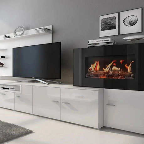Wohnzimmermöbel mit elktr.Kamin mattweiß und glänzend weiß lack - Prime Möbel