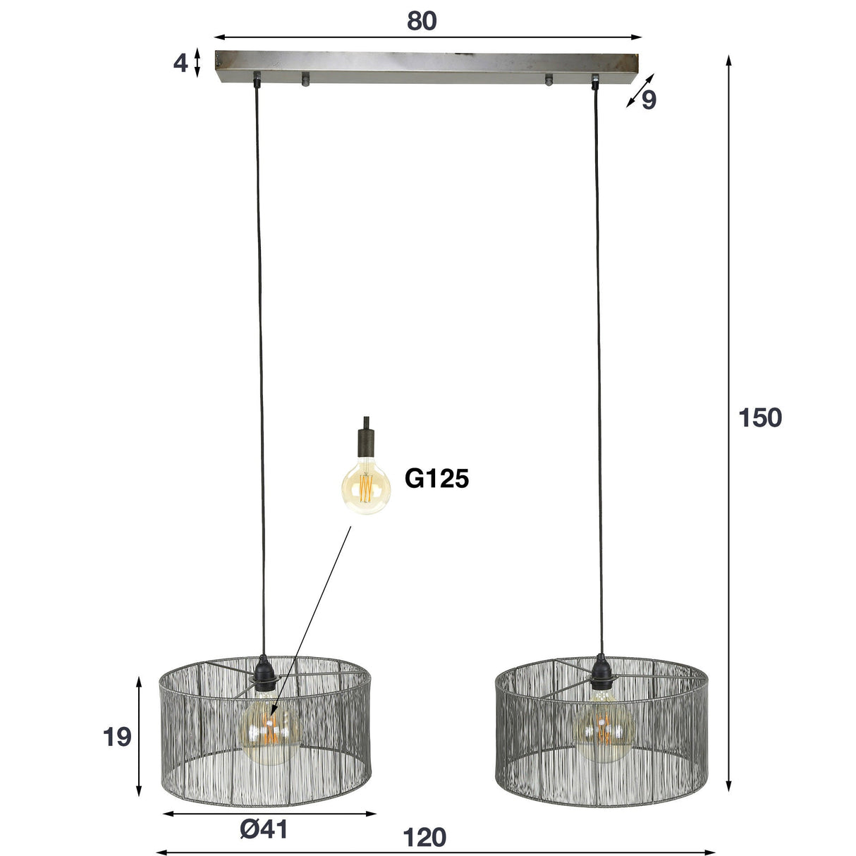 Hängelampe 2L mit Lampenschirm aus Metall 120cm - Prime Möbel