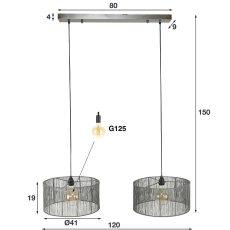 Hängelampe 2L mit Lampenschirm aus Metall 120cm - Prime Möbel