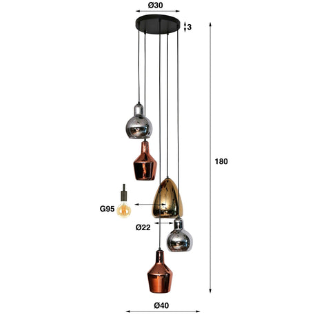 Nicole Hängelampe mit 5 Schirmen in Kupfer, Chrom und Gold Prime Möbel