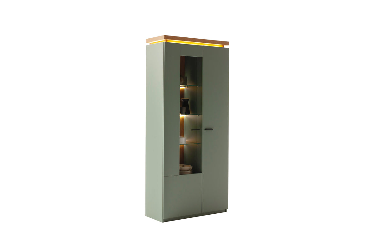 Moniz Vitrine mit LED  Salbei Grün&Eiche 88x197cm Prime Möbel