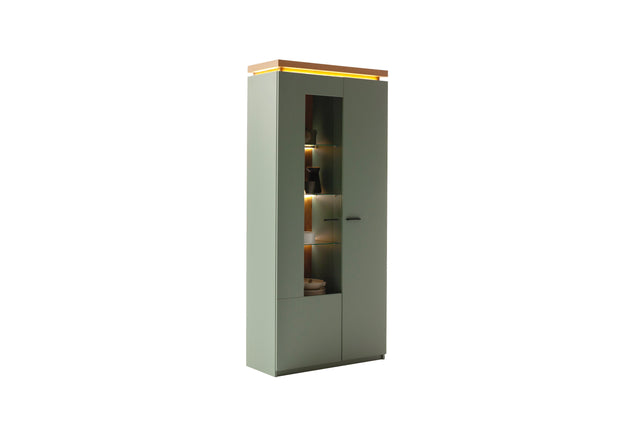 Moniz Vitrine mit LED  Salbei Grün&Eiche 88x197cm Prime Möbel