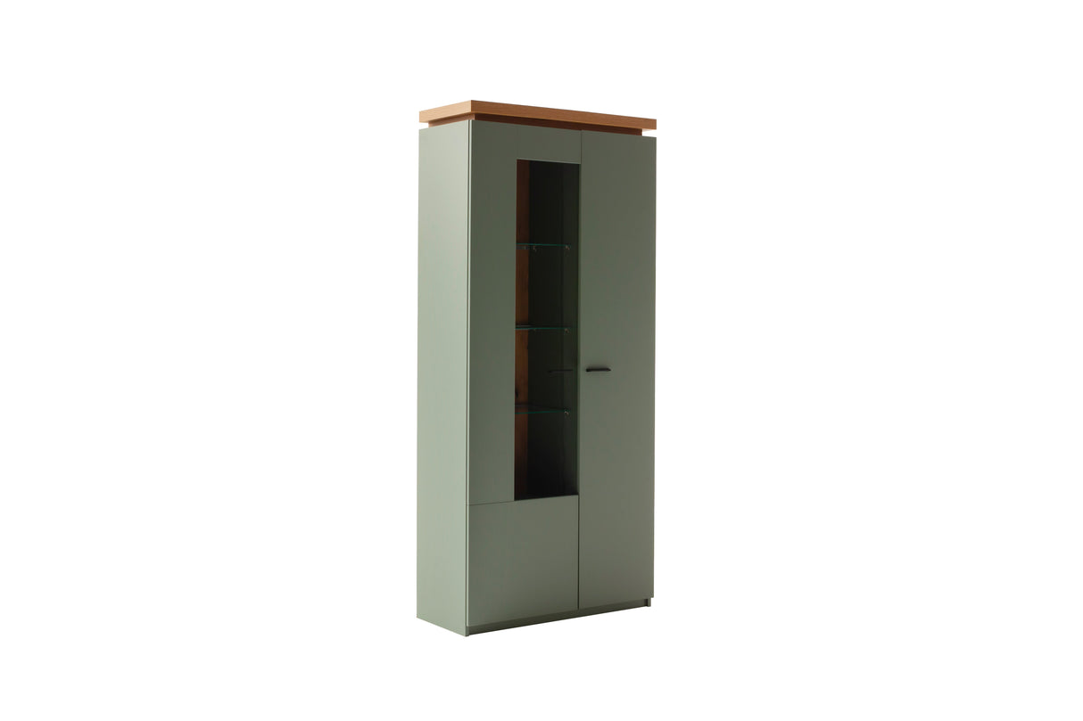 Moniz Vitrine mit LED  Salbei Grün&Eiche 88x197cm Prime Möbel