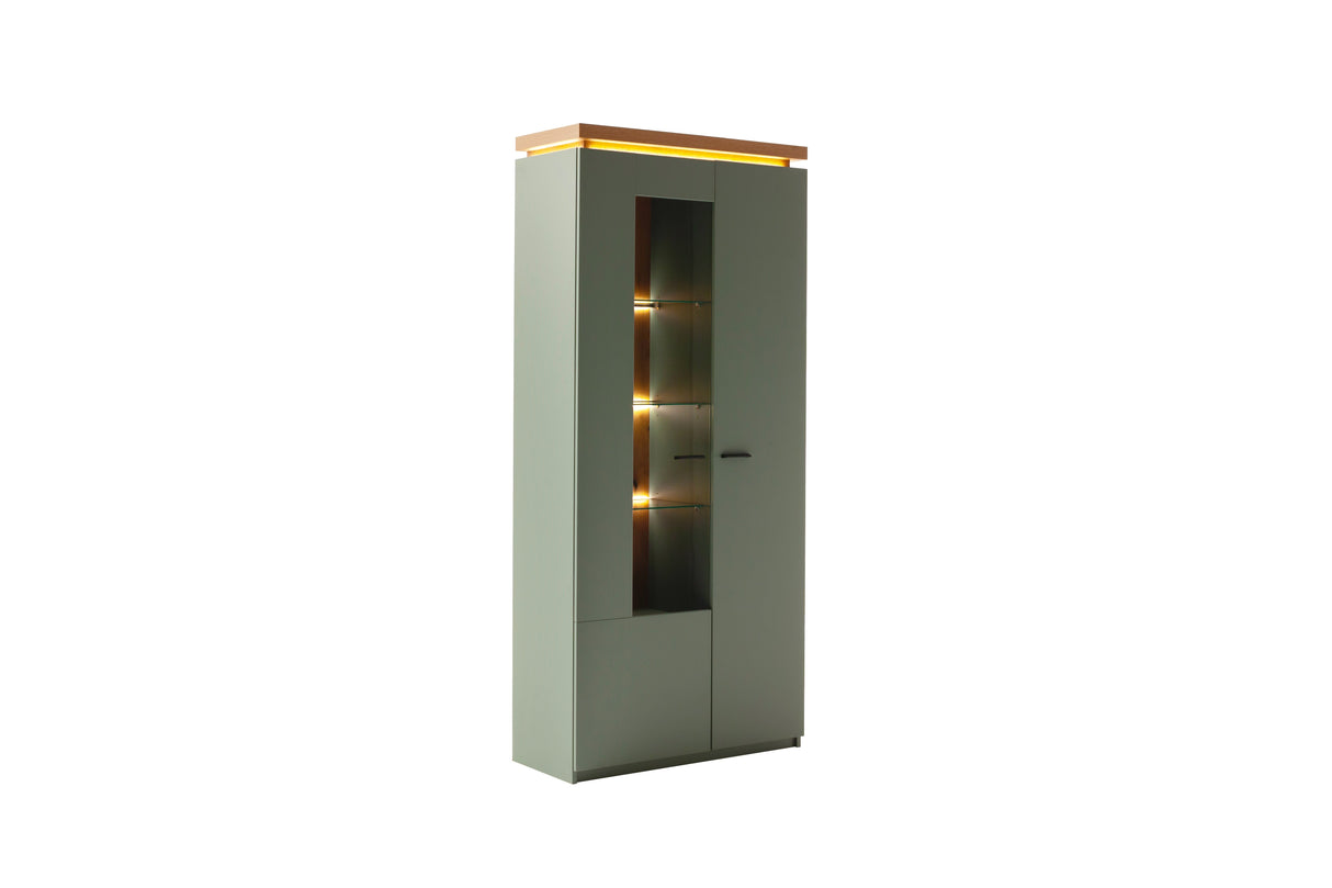 Moniz Vitrine mit LED  Salbei Grün&Eiche 88x197cm Prime Möbel