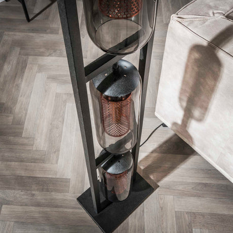 Stehleuchte „Rauchglas & Kupfergitter“ mit 3 Schirmen - Prime Möbel
