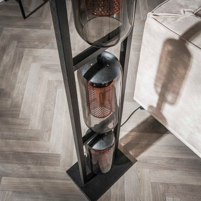 Stehleuchte „Rauchglas & Kupfergitter“ mit 3 Schirmen - Prime Möbel