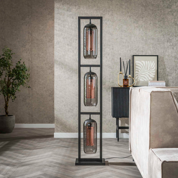 Stehleuchte „Rauchglas & Kupfergitter“ mit 3 Schirmen - Prime Möbel