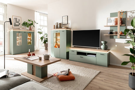 Moniz Wohnkombination 2 LED Salbei Grün&Eiche D/300cm Prime Möbel