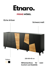 Kommode, ETNARO DESIGN 200x80x45cm, Eiche /Schwarz matt