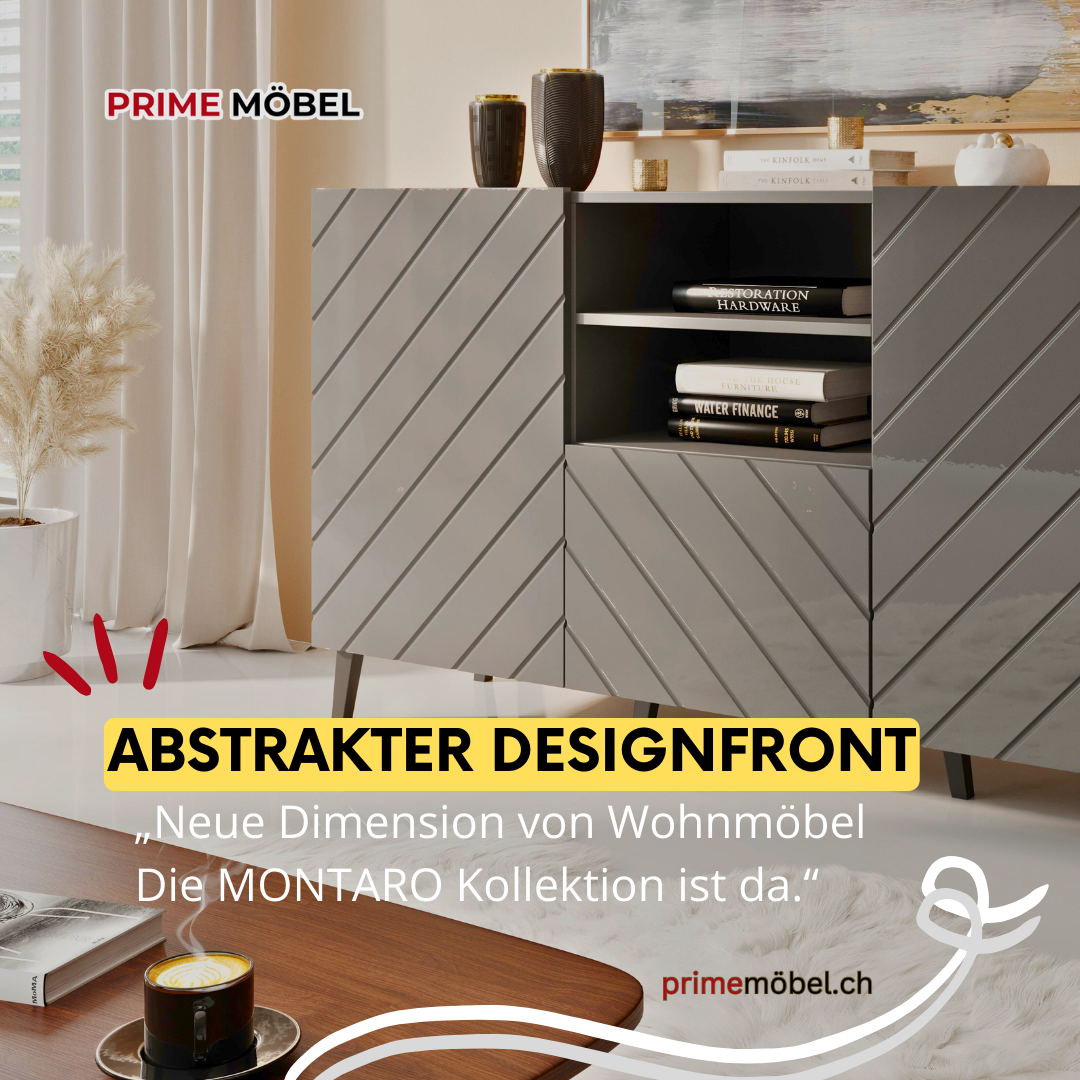 TV Möbel MONTARO 200×52×42 cm – Grau Hochglanz/ Abstrakt
