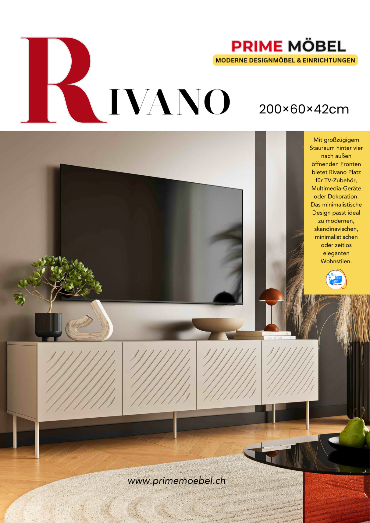 Lowboard Rivano 200×60×42cm – Beige matt