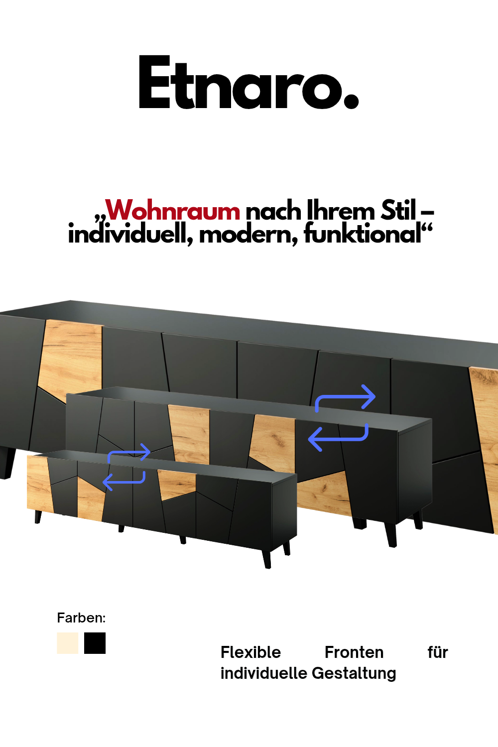 Kommode, ETNARO DESIGN 200x80x45cm, Eiche /Schwarz matt